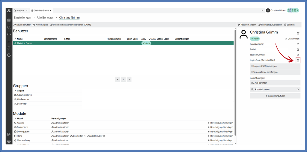 Benutzerverwaltung in smartPLAZA mit geöffneten Benutzerdetails und markiertem Bearbeitungssymbol beim Feld Login-Code (Barcode/Chip)