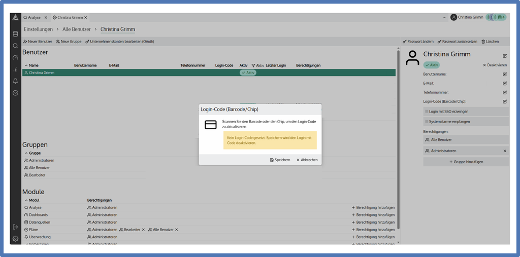 Dialog Login-Code (Barcode/Chip) in smartPLAZA mit der Aufforderung, den Chip zu scannen