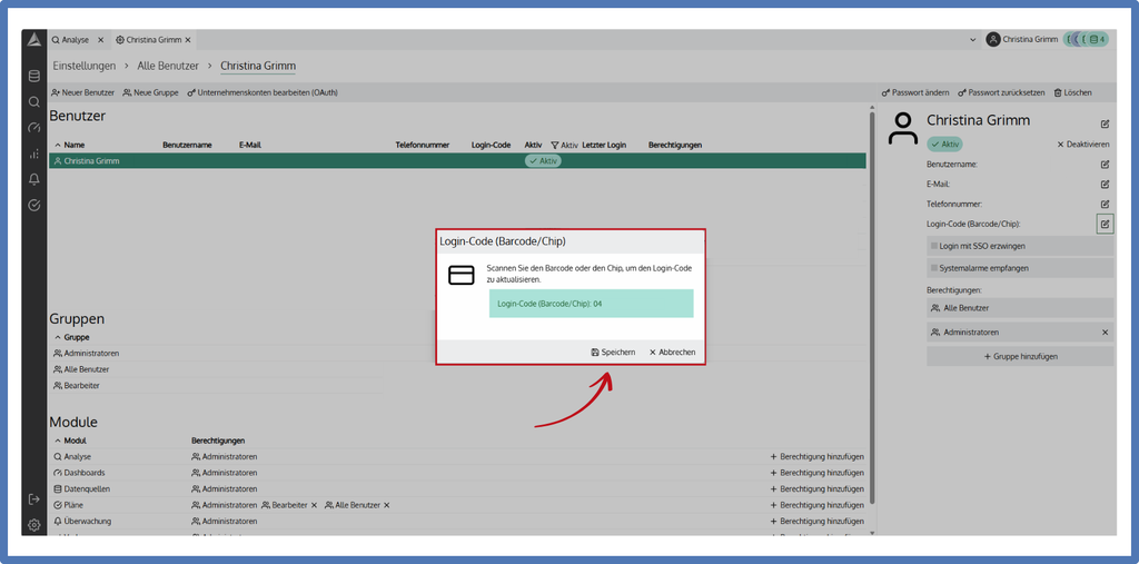 Dialog Login-Code (Barcode/Chip) in smartPLAZA mit gescanntem Chip-Code und Schaltfläche Speichern
