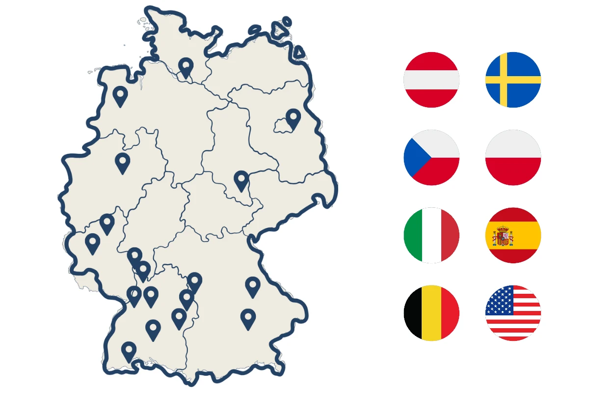 Deutschlandkarte mit Einsatzorten von smartPLAZA sowie Flaggen von Österreich, Schweden, Tschechien, Polen, Italien, Spanien, Belgien und den USA