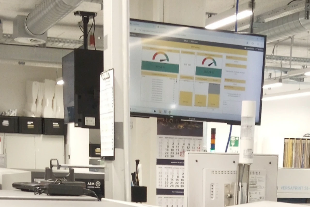 smartPLAZA Dashboard auf einem Monitor in der SMT-Fertigung